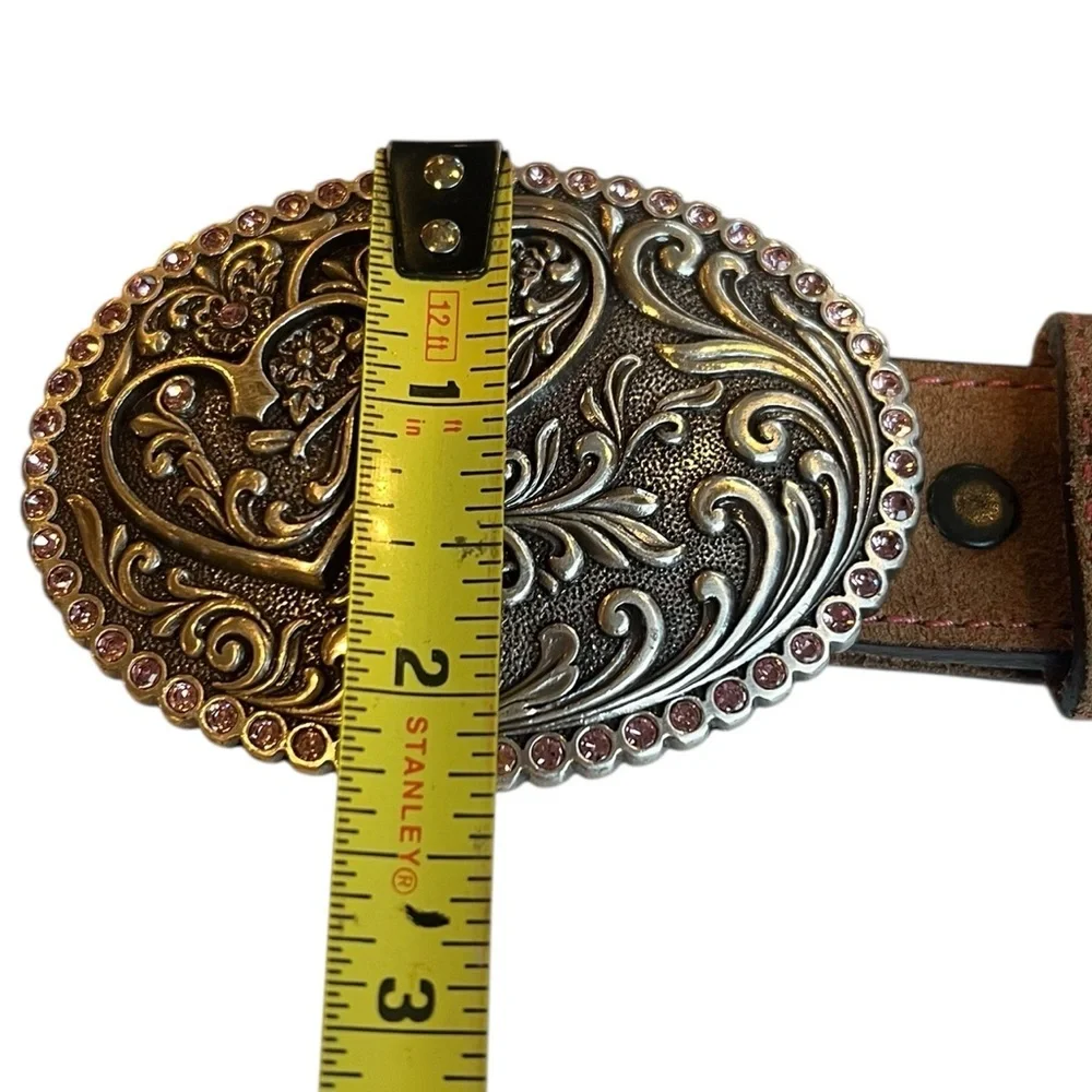 Tony Lama Little Girls Brown Leather Belt Silver Heart Buckle Rhinestones
